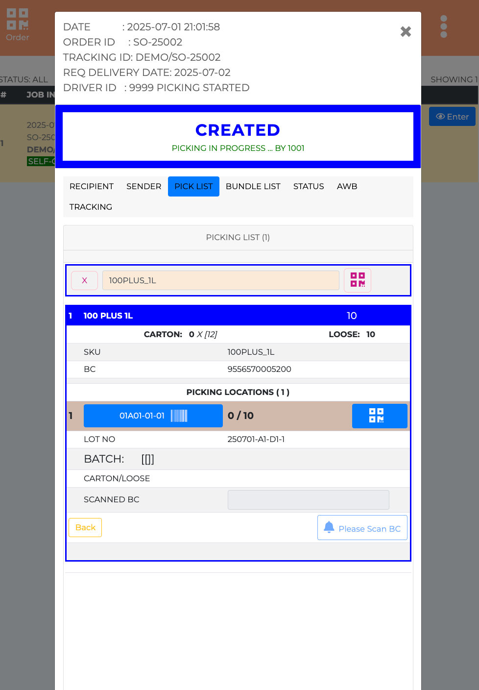 Elevate Android warehouse device interface showing barcode entry and picking locations