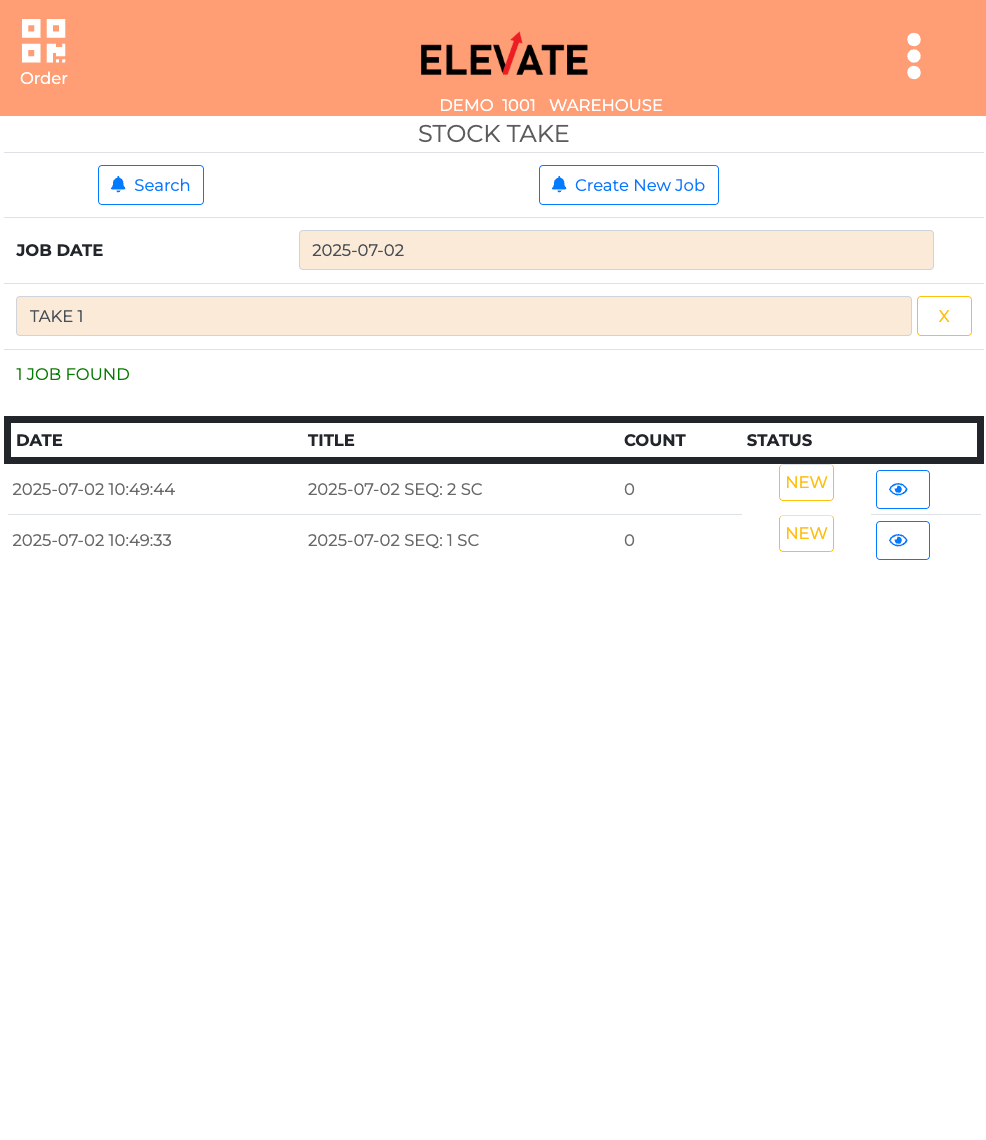 Elevate mobile stock take screen showing warehouse selector, job list, and action buttons